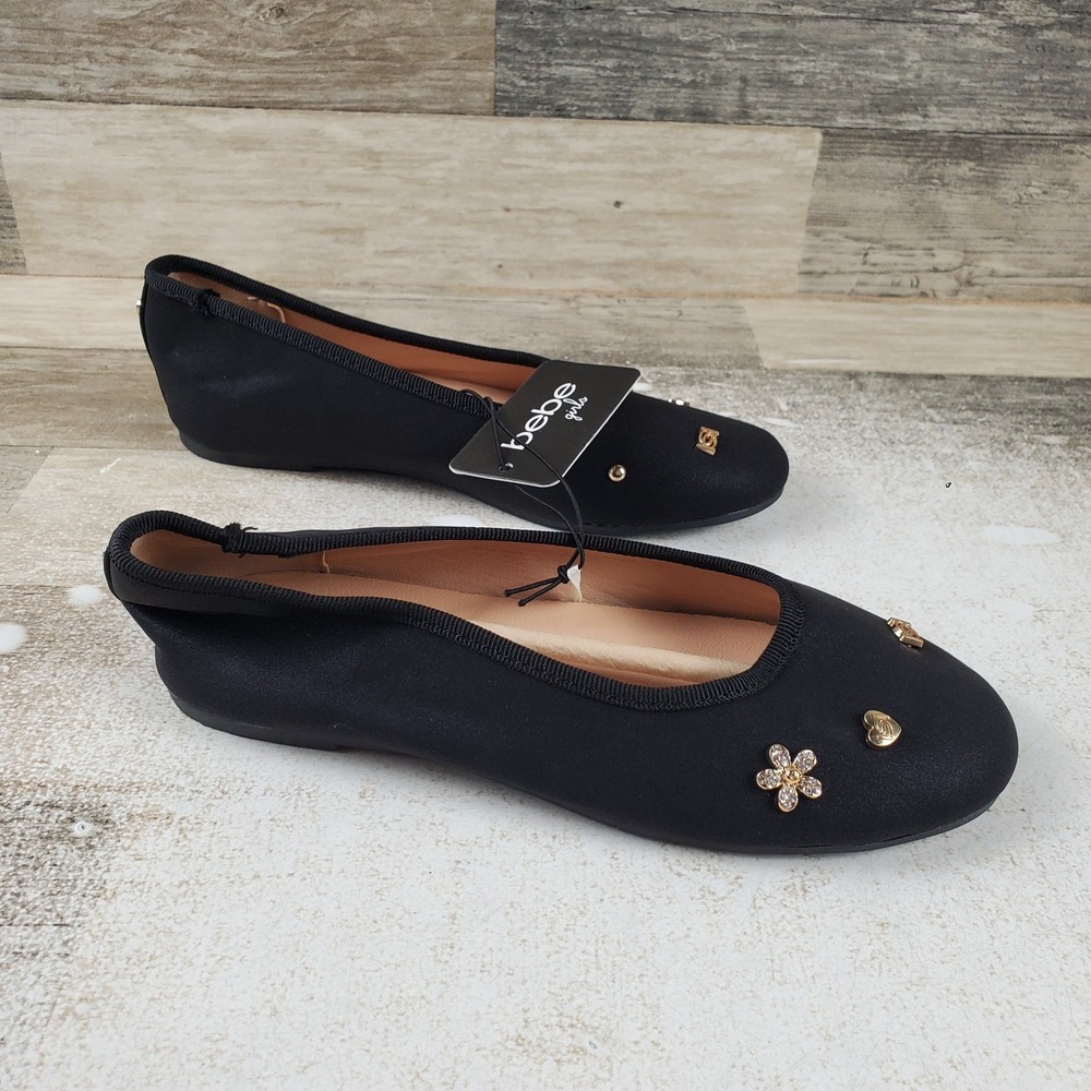 Bebe Briana Kids Girls Ballet Flats Sz 3 Black Classic Slip On Shoes with Charms